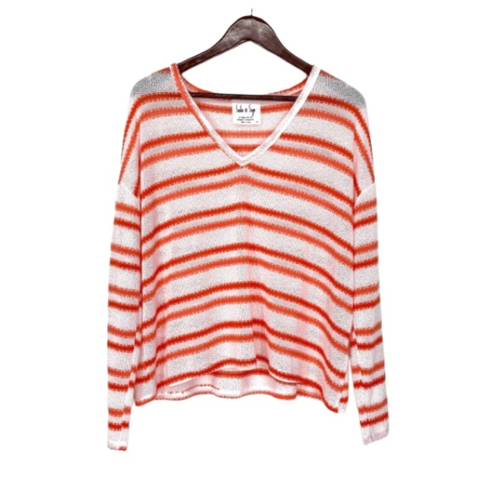 Sadie & Sage White & Orange Striped Wide Knit V-Neck Coastal Sweater Size Medium